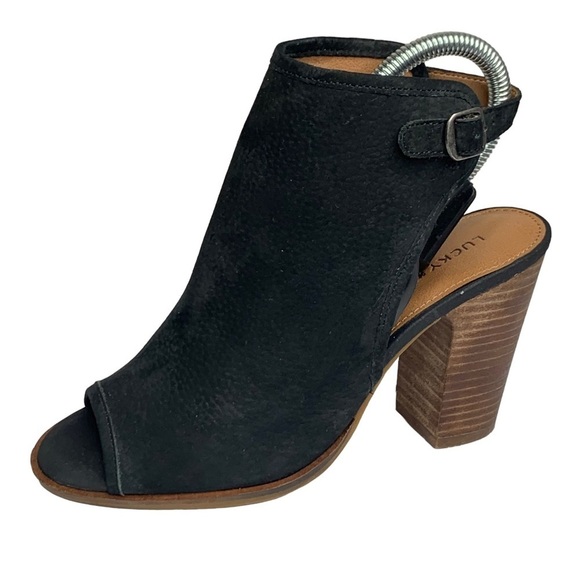 Lucky Brand Black Leather Suede Open Toe & Back Ankle Strap Chunky Heeled Bootie - Picture 1 of 11
